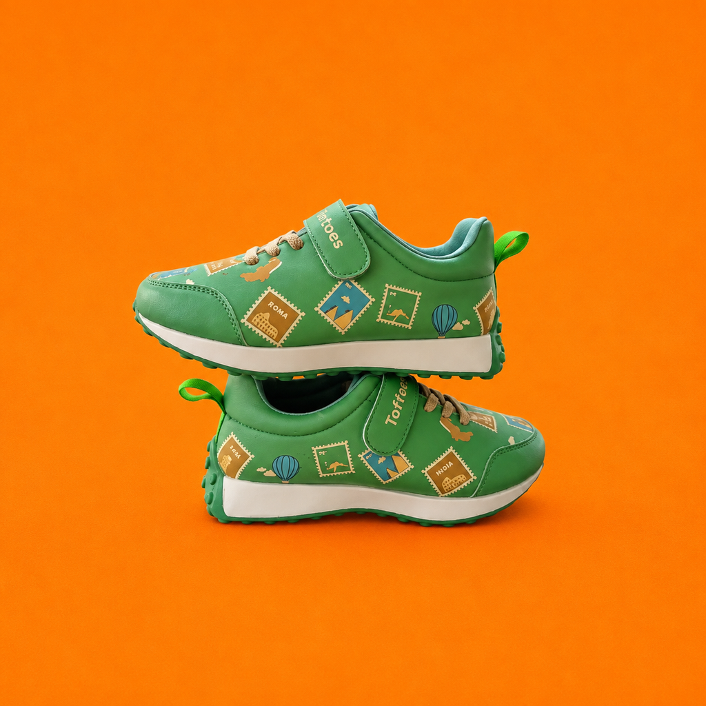 Globetrotters Travel Stamps Green Kids Sneakers