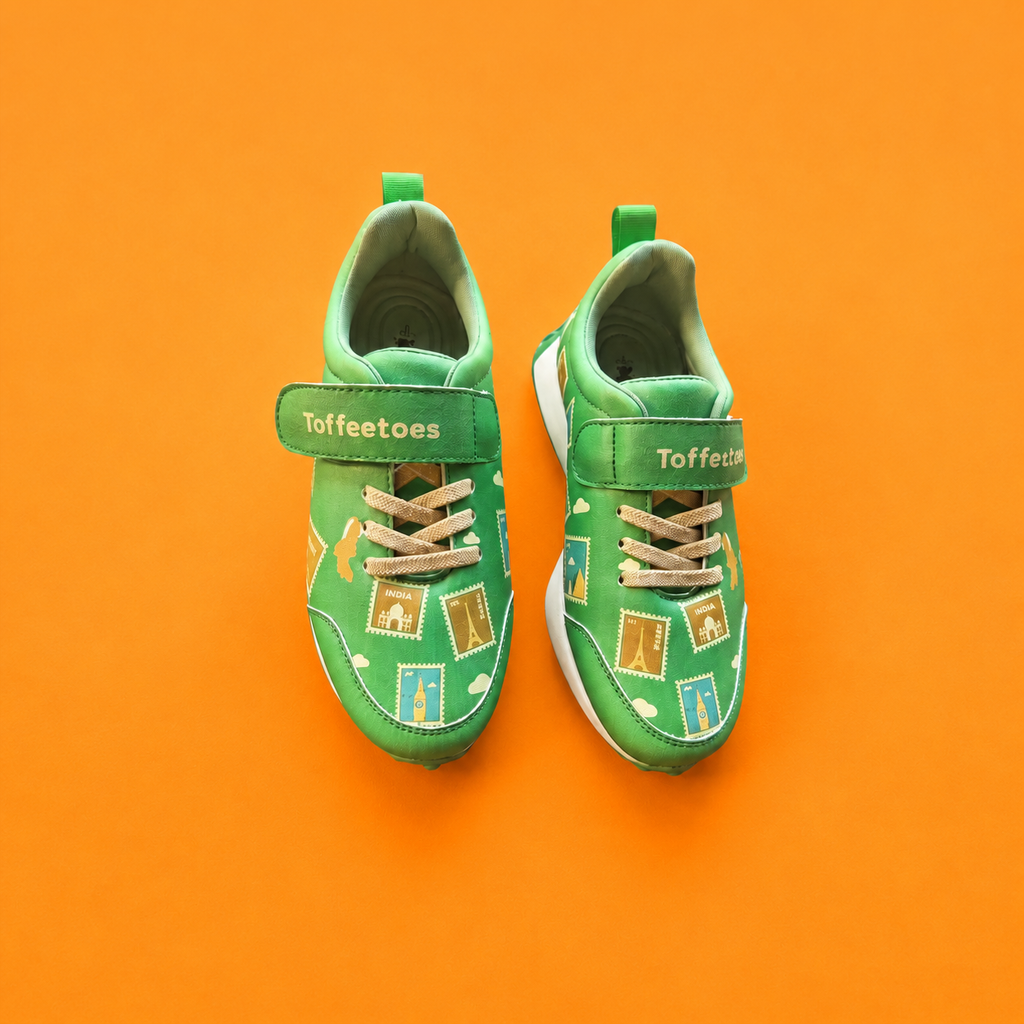 Globetrotters Travel Stamps Green Kids Sneakers