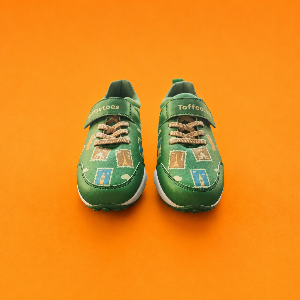 Globetrotters Travel Stamps Green Kids Sneakers