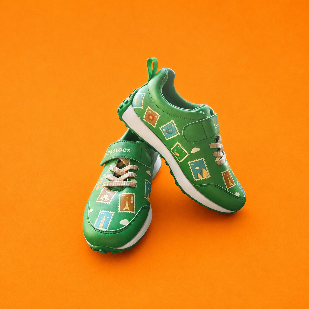 Globetrotters Travel Stamps Green Kids Sneakers