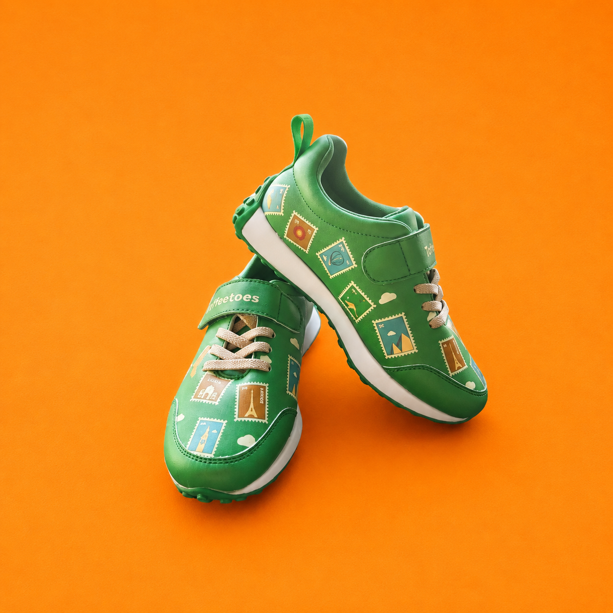 Globetrotters Travel Stamps Green Kids Sneakers