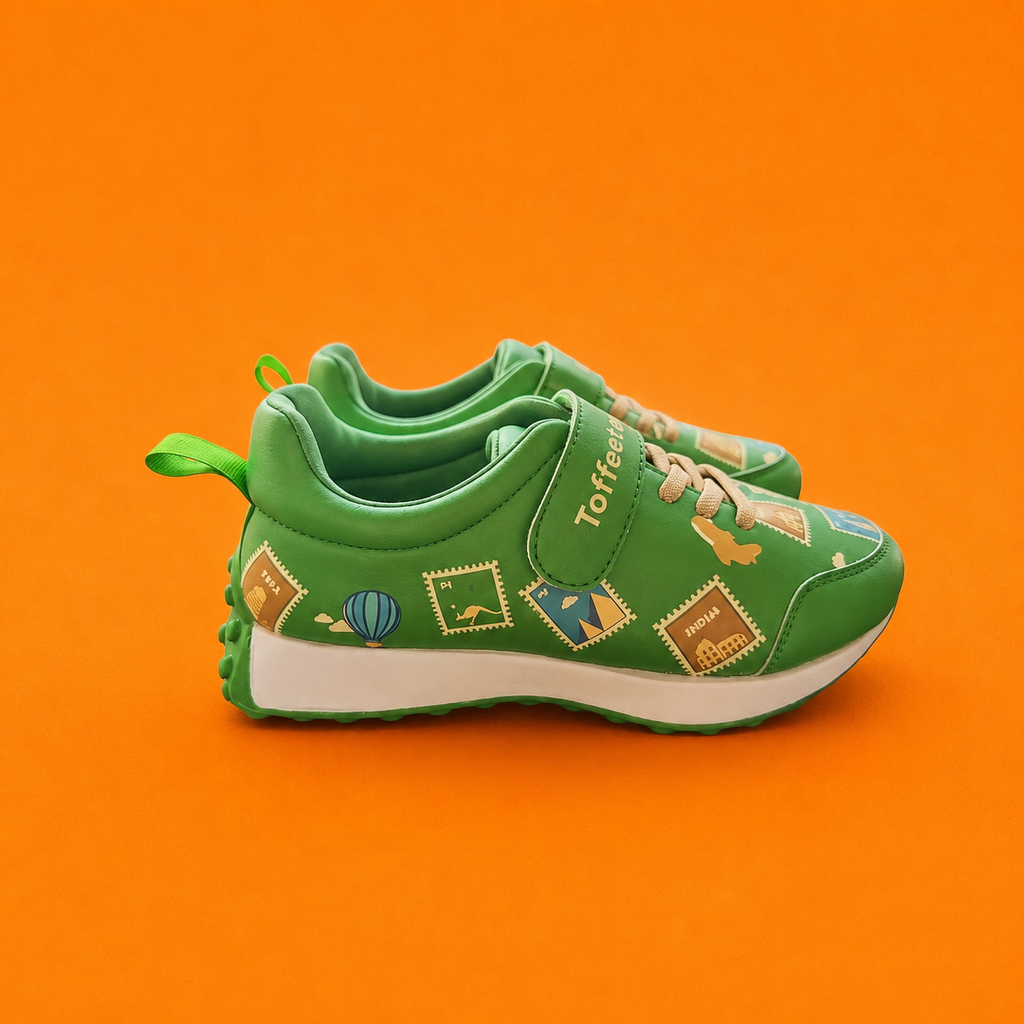Globetrotters Travel Stamps Green Kids Sneakers