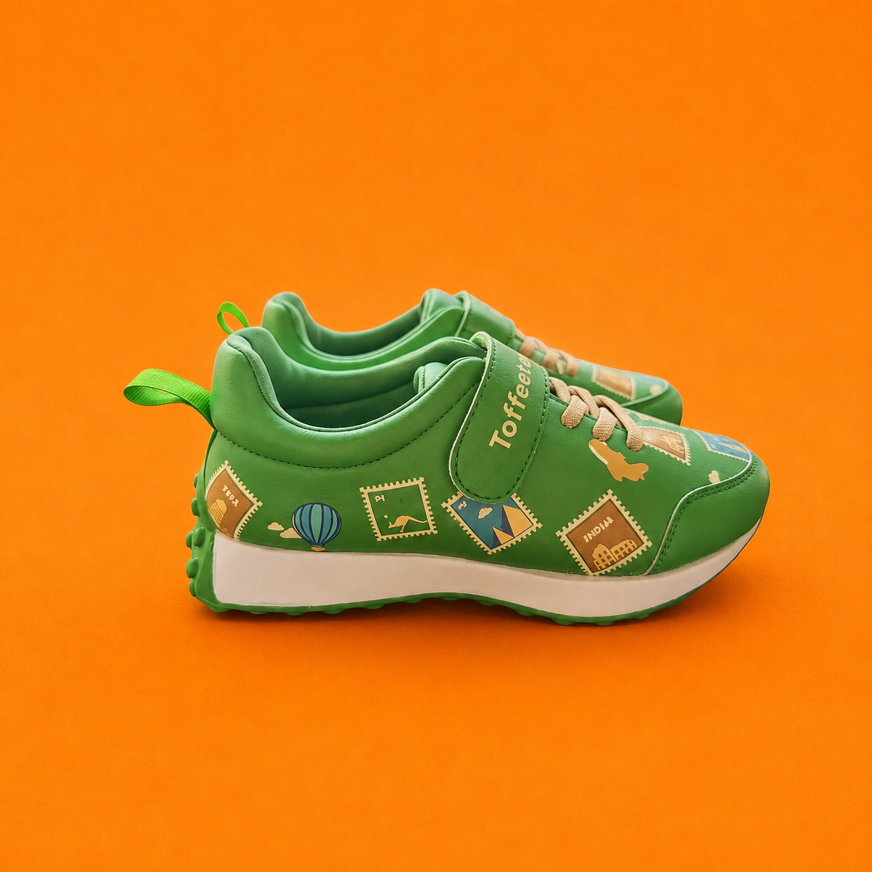 Globetrotters Travel Stamps Green Kids Sneakers