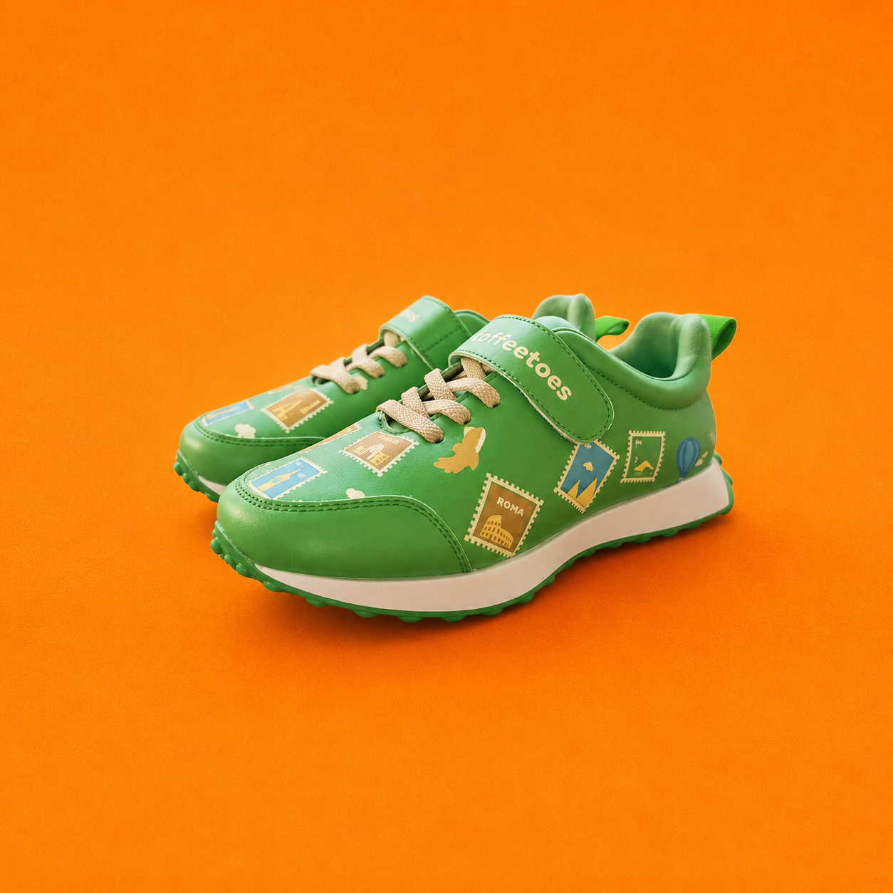 Globetrotters Travel Stamps Green Kids Sneakers